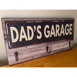 Dad's Garage Sign Rustic Wall Hook Rack Wood Metal Plaque Man Cave Decor Gift